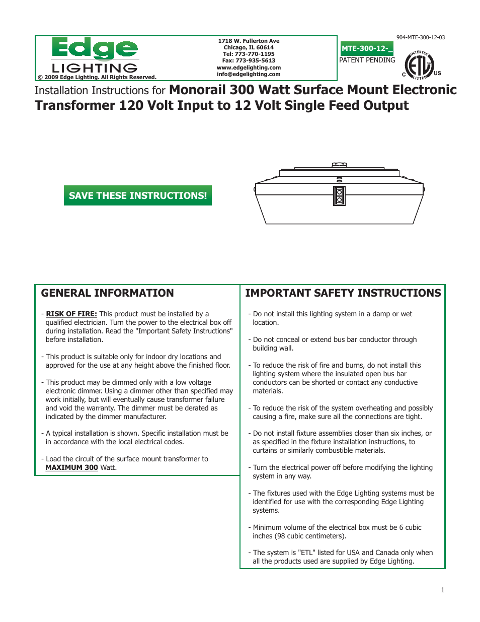 Edge Lighting 300W/12V Surface Mount Electronic Transformer User Manual | 4 pages