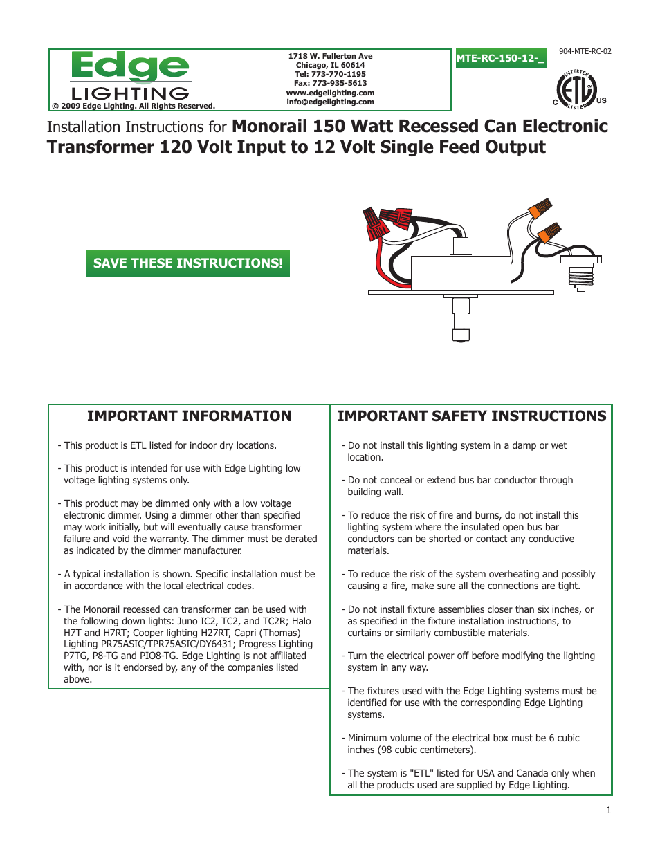 Edge Lighting 150W/12V Recessed Mount Electronic Transformer User Manual | 4 pages