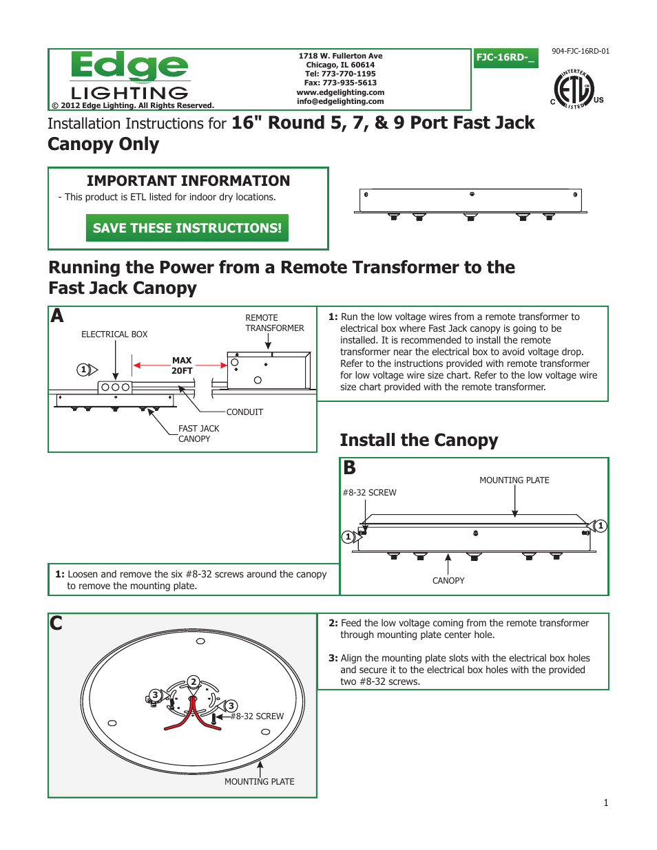 Edge Lighting Fast Jack 17 Port Canopies Without Transformers User Manual | 3 pages