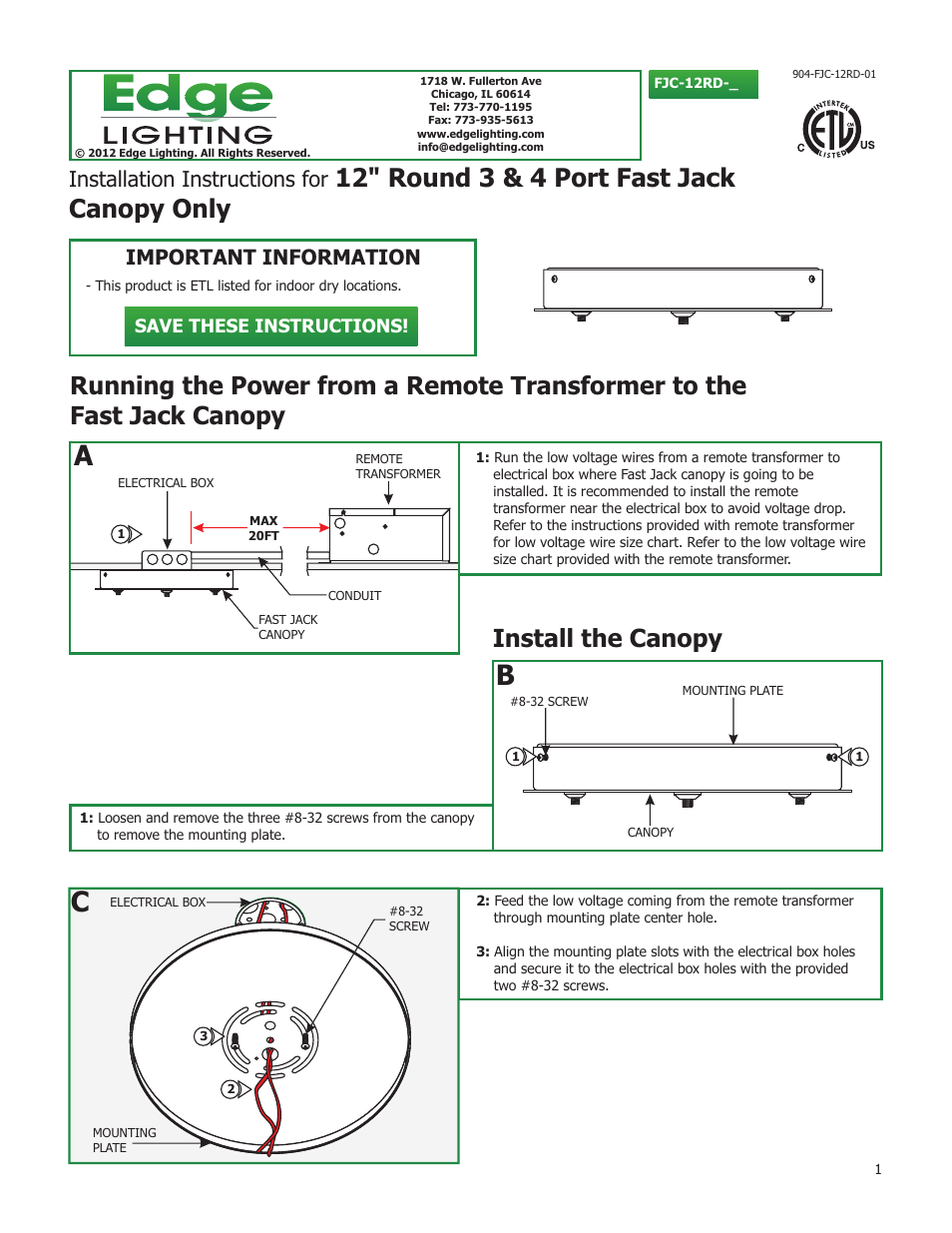 Edge Lighting 12" Fast Jack Canopies Without Transformers User Manual | 2 pages