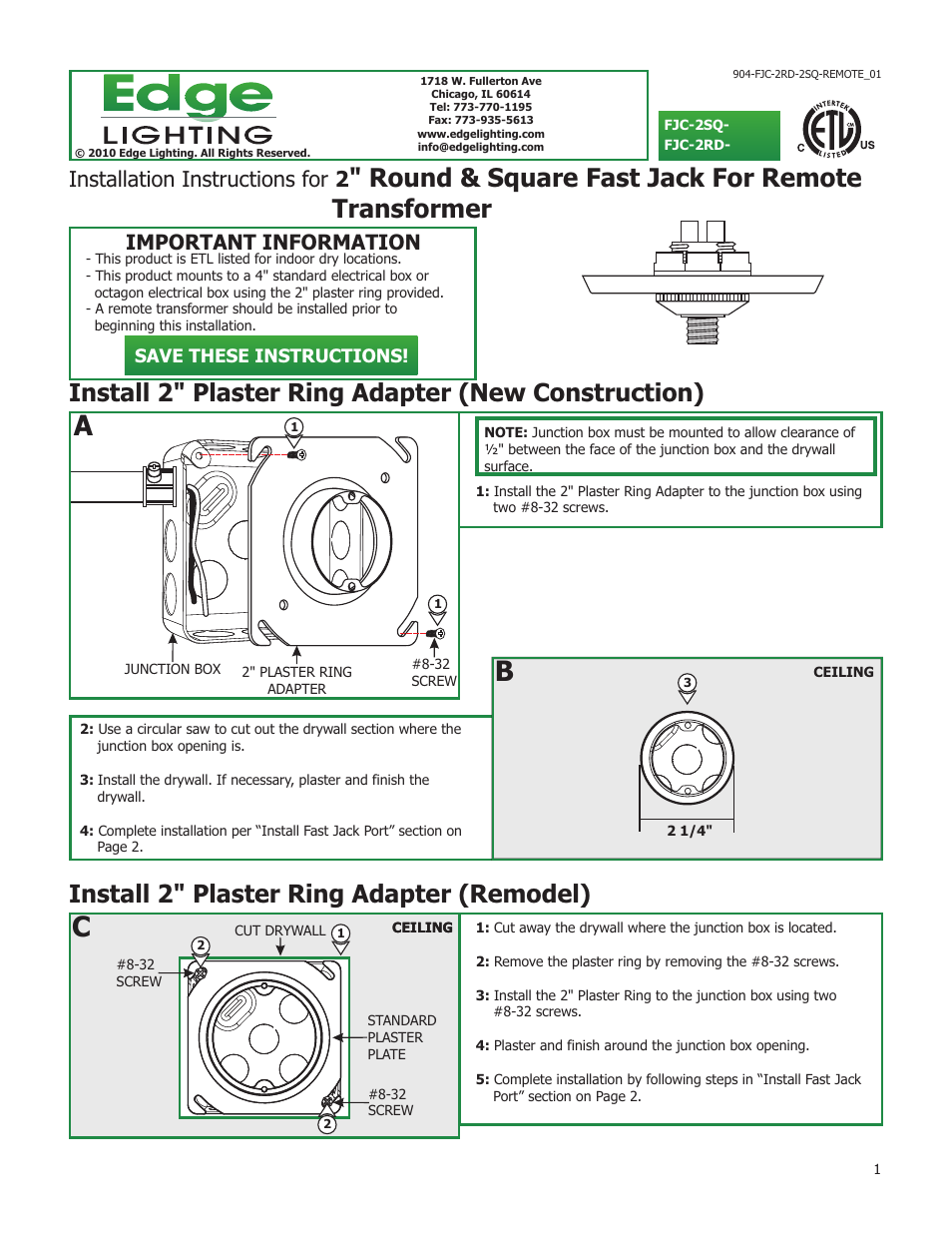 Edge Lighting 4" Fast Jack Canopies Without Transformers User Manual | 2 pages