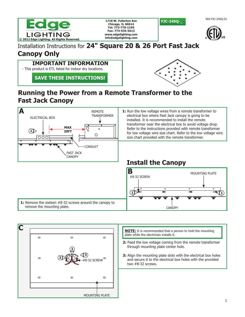 Edge Lighting Fast Jack 26 Port Canopies Without Transformers User Manual | 2 pages