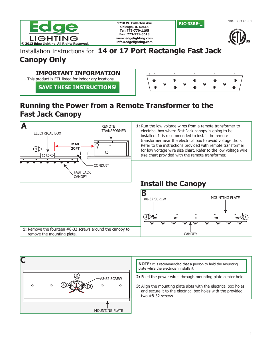 Edge Lighting 17 Port Linear Canopies Without Transformers User Manual | 2 pages