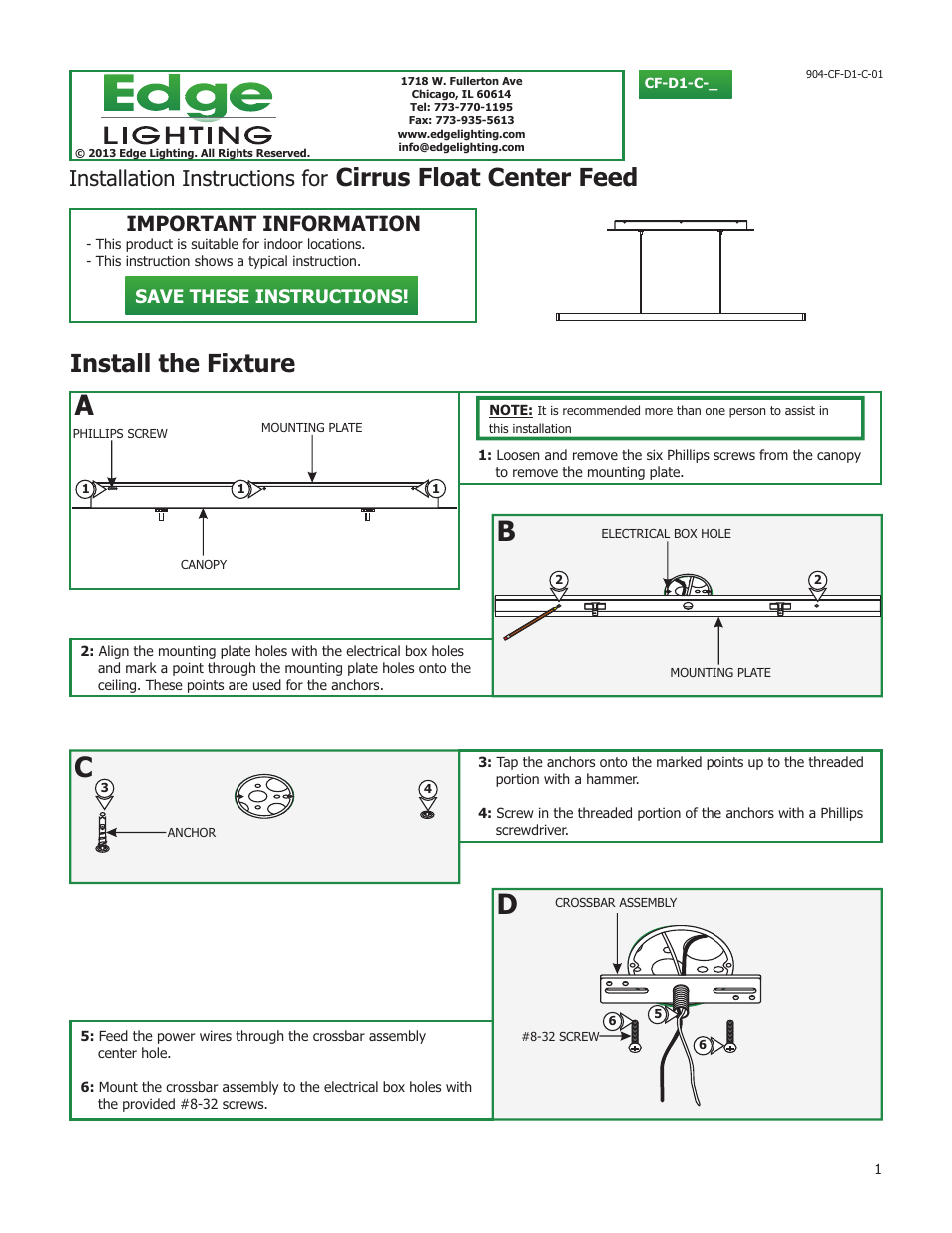 Edge Lighting Cirrus Float Center Feed User Manual | 3 pages