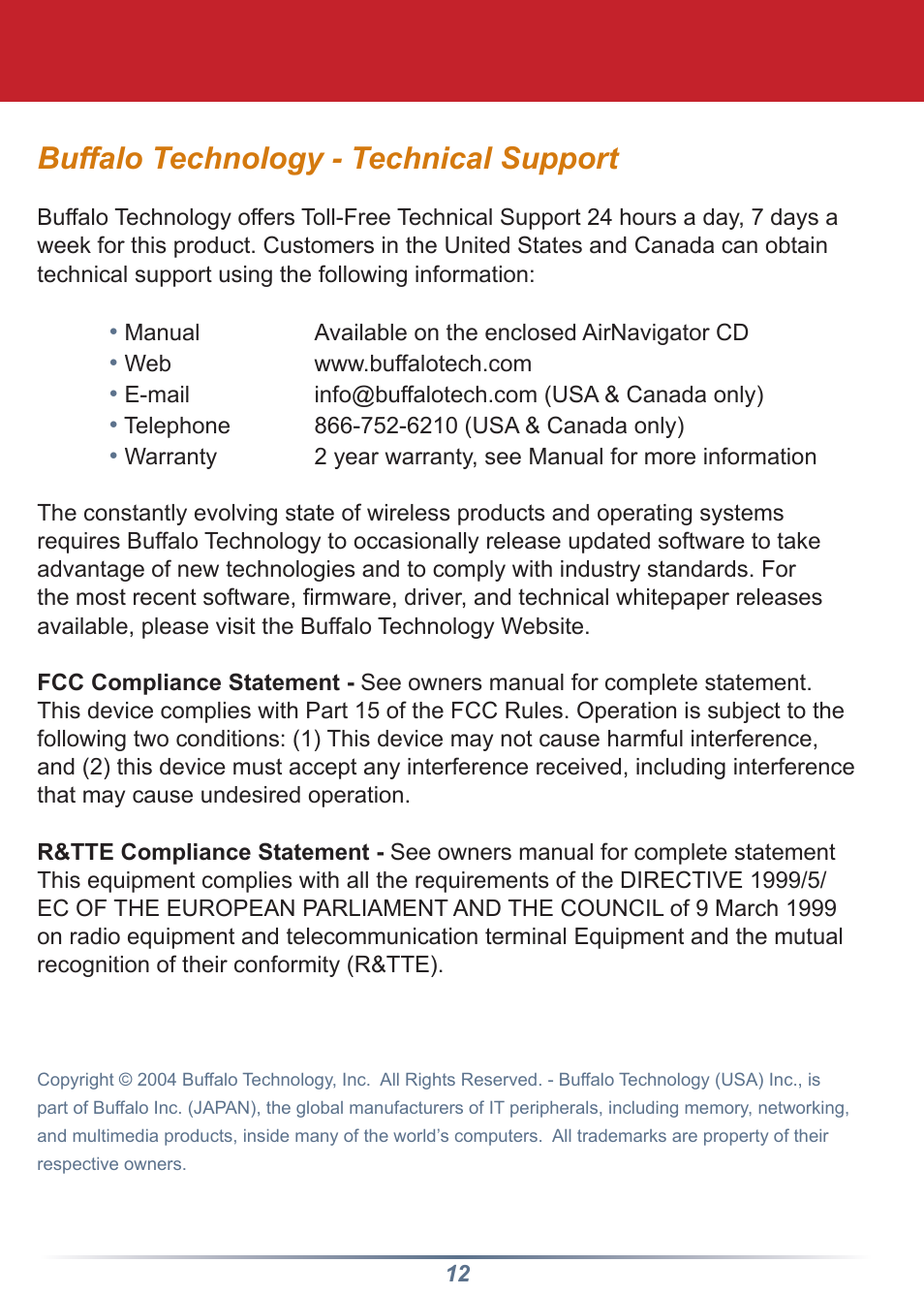 Buffalo technology - technical support | Buffalo Technology Buffalo AirStation WLI-CB-G54HP User Manual | Page 12 / 12