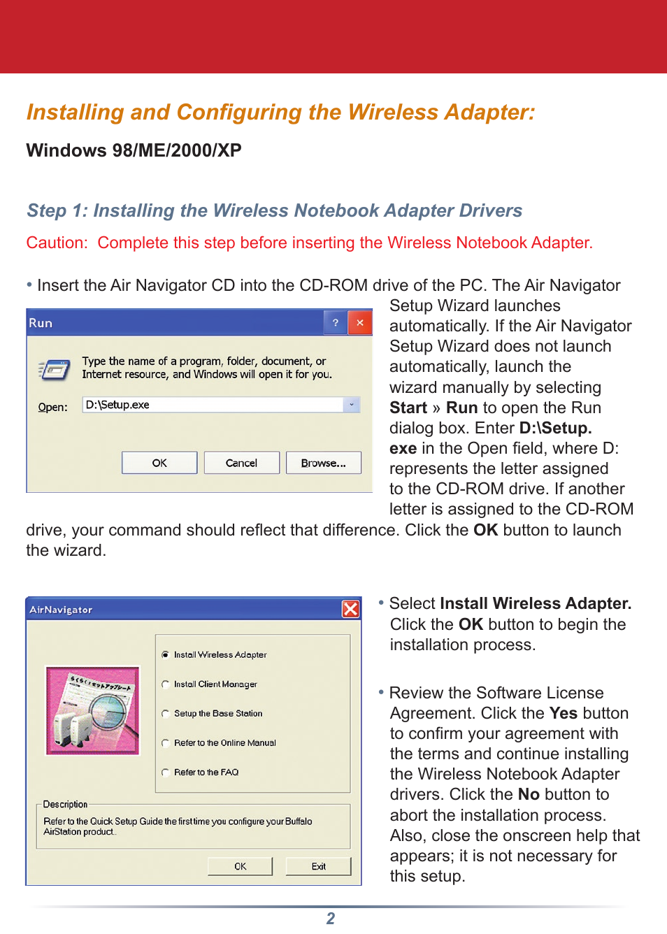 Installing and configuring the wireless adapter | Buffalo Technology Buffalo AirStation WLI-CB-G54HP User Manual | Page 2 / 12