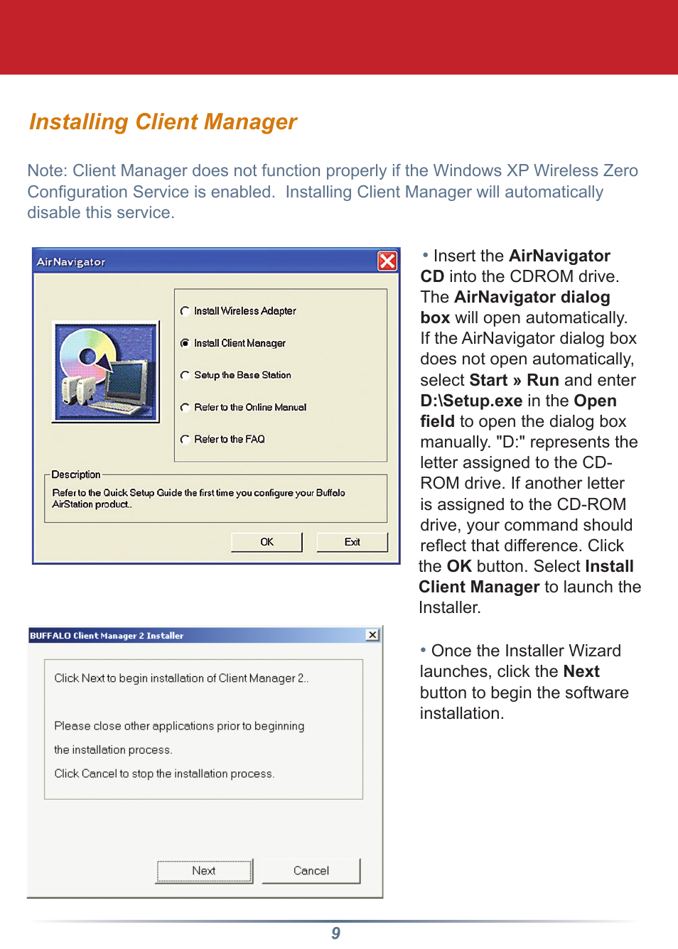 Installing client manager | Buffalo Technology Buffalo AirStation WLI-CB-G54HP User Manual | Page 9 / 12