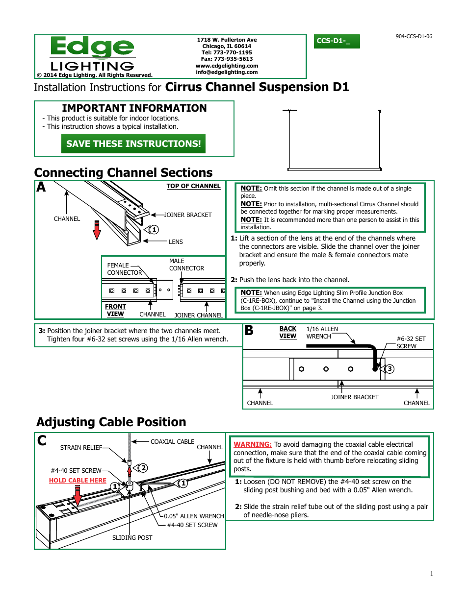 Edge Lighting Cirrus Channel Suspension, Direct 1" Lens User Manual | 5 pages