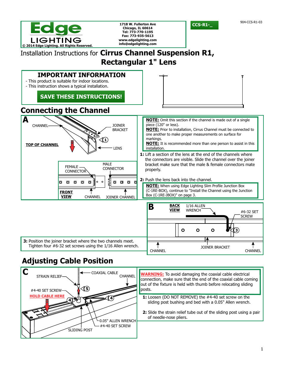 Edge Lighting Cirrus Channel Suspension, Rectangular 1" Lens User Manual | 5 pages