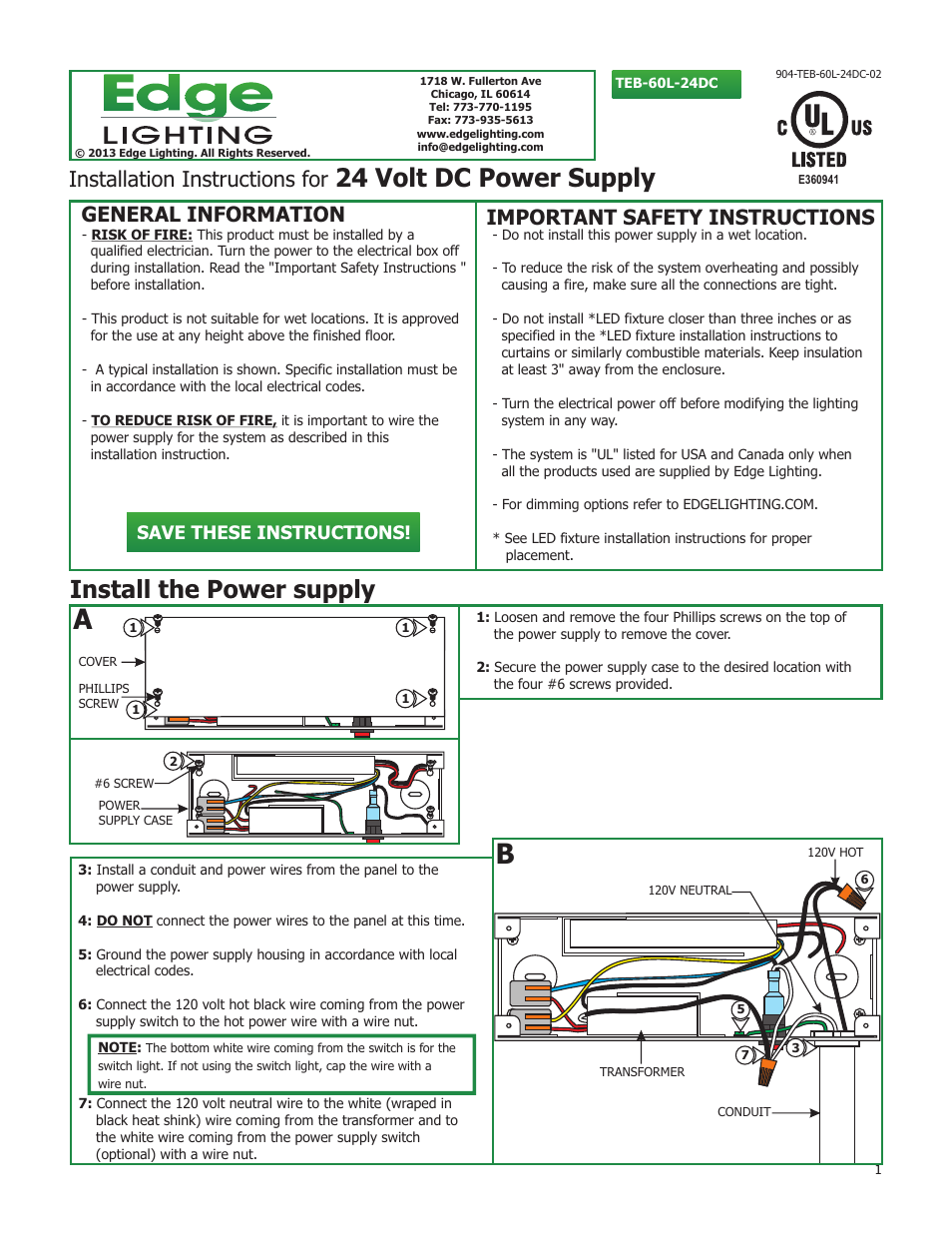 Edge Lighting TEB-60L-24DC, 60 Watt 24 Volt DC Power Supply User Manual | 2 pages