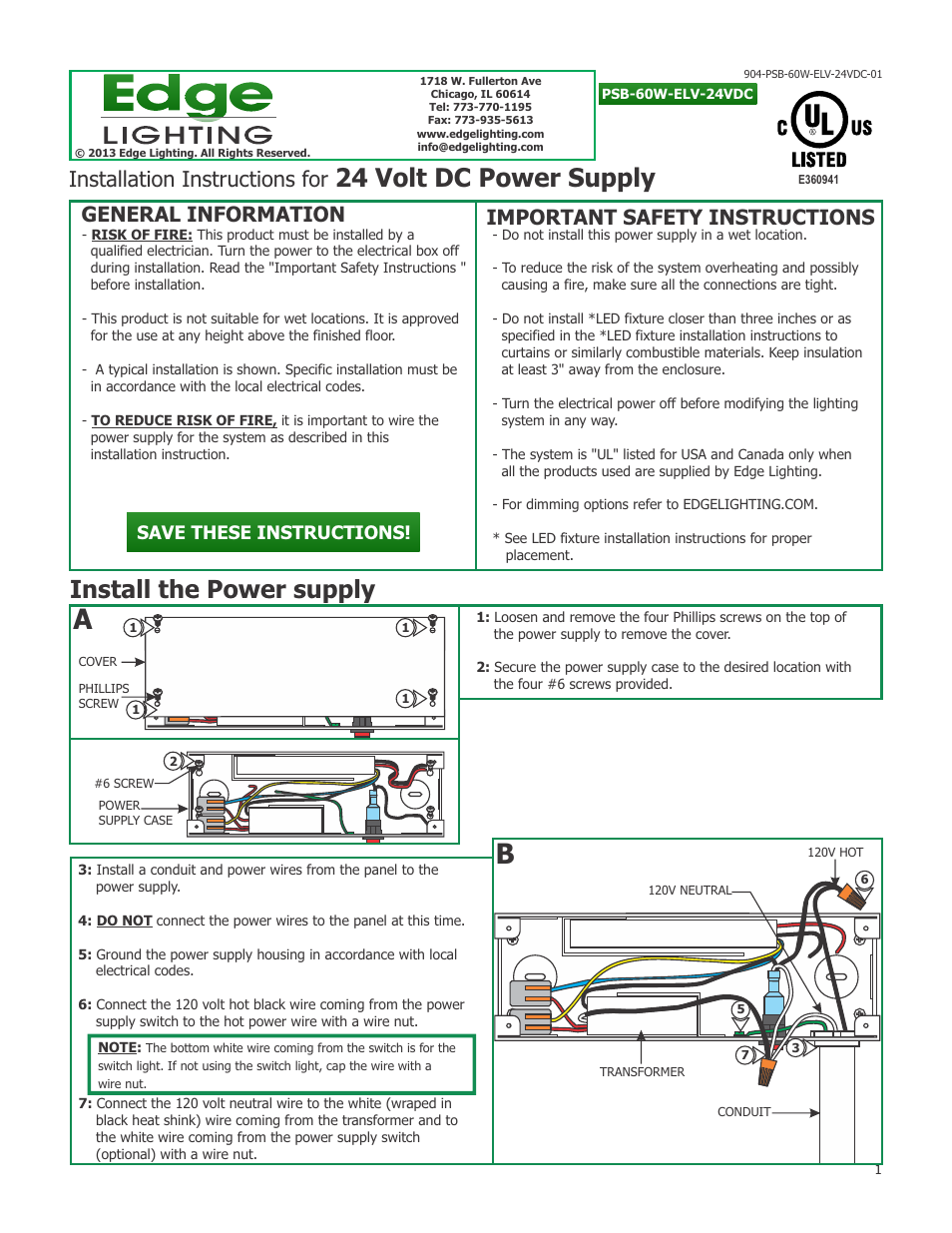 Edge Lighting PSB-60W-ELV-24VDC, 60 Watt LED 24 Volt DC Power Supply User Manual | 2 pages