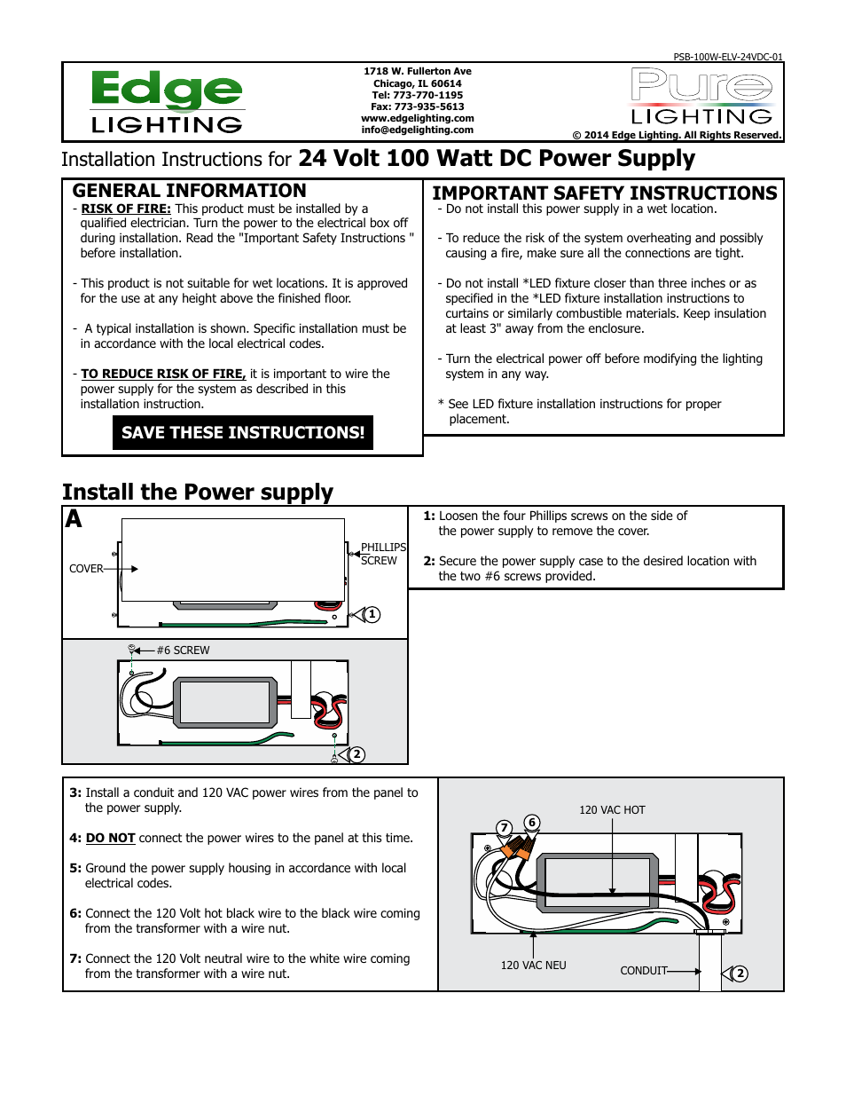Edge Lighting PSB-100W-ELV-24VDC, 96 Watt 24 Volt DC Power Supply User Manual | 2 pages
