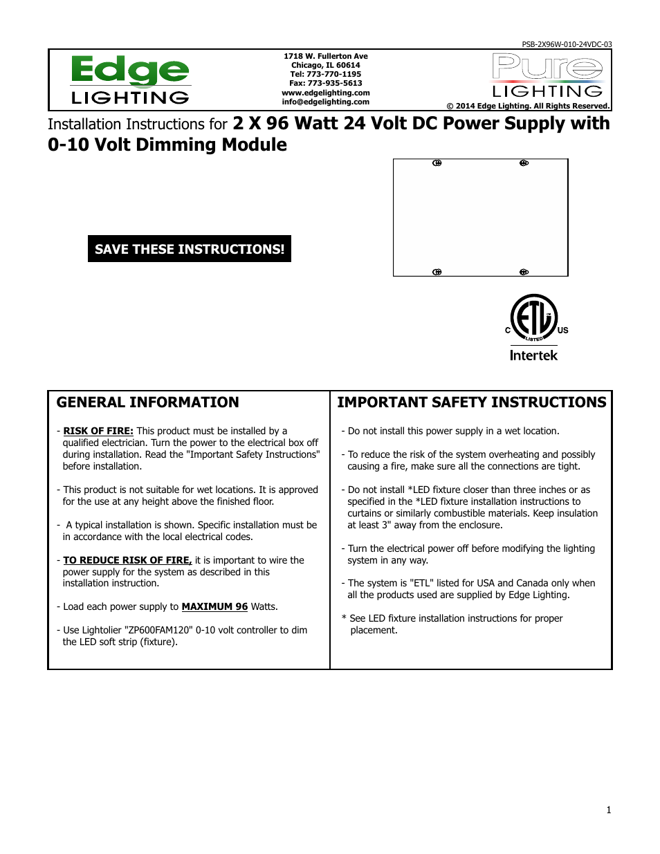 Edge Lighting PSB-2X96W-010-24VDC, 192(2x96) Watt 24 Volt DC Power Supply User Manual | 4 pages