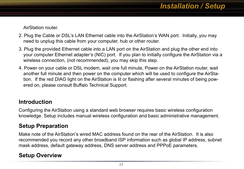 Installation / setup | Buffalo Technology Buffalo AirStation WYR-G54 User Manual | Page 11 / 61