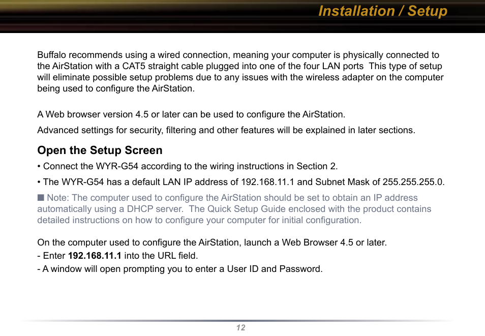 Installation / setup | Buffalo Technology Buffalo AirStation WYR-G54 User Manual | Page 12 / 61