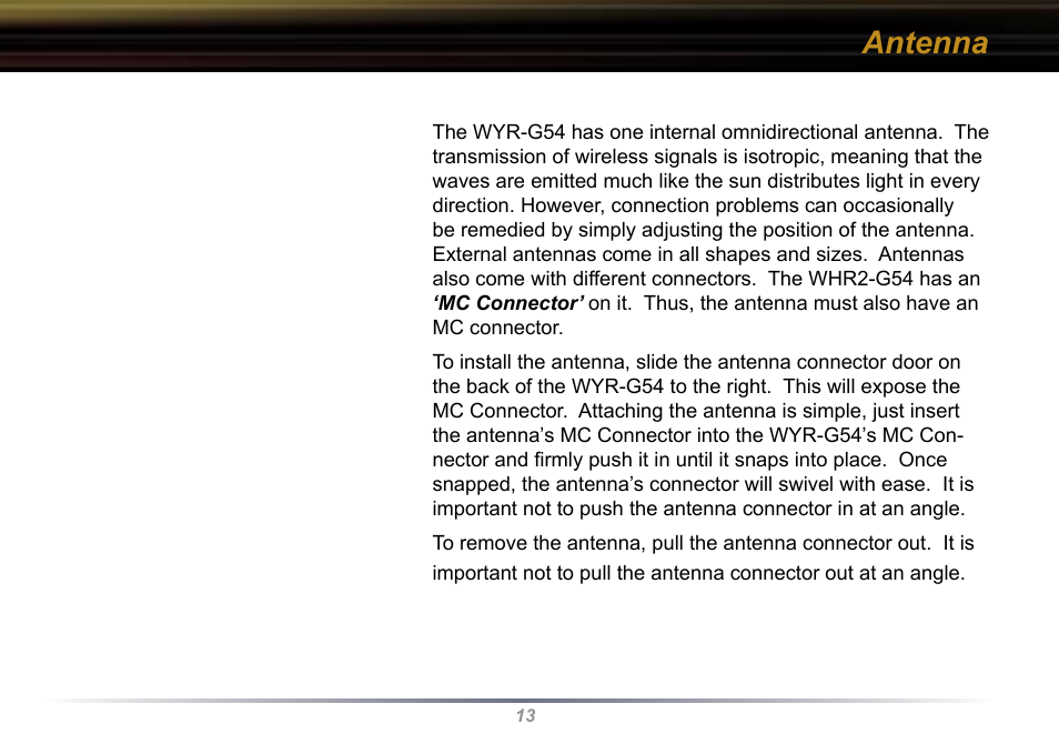 Antenna | Buffalo Technology Buffalo AirStation WYR-G54 User Manual | Page 13 / 61