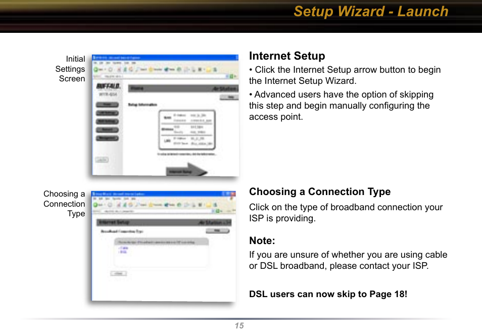 Setup wizard - launch, Internet setup | Buffalo Technology Buffalo AirStation WYR-G54 User Manual | Page 15 / 61