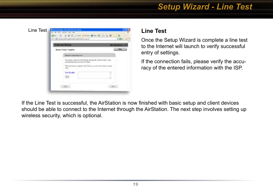 Setup wizard - line test | Buffalo Technology Buffalo AirStation WYR-G54 User Manual | Page 19 / 61