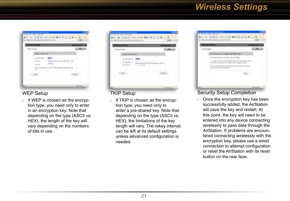Wireless settings | Buffalo Technology Buffalo AirStation WYR-G54 User Manual | Page 21 / 61