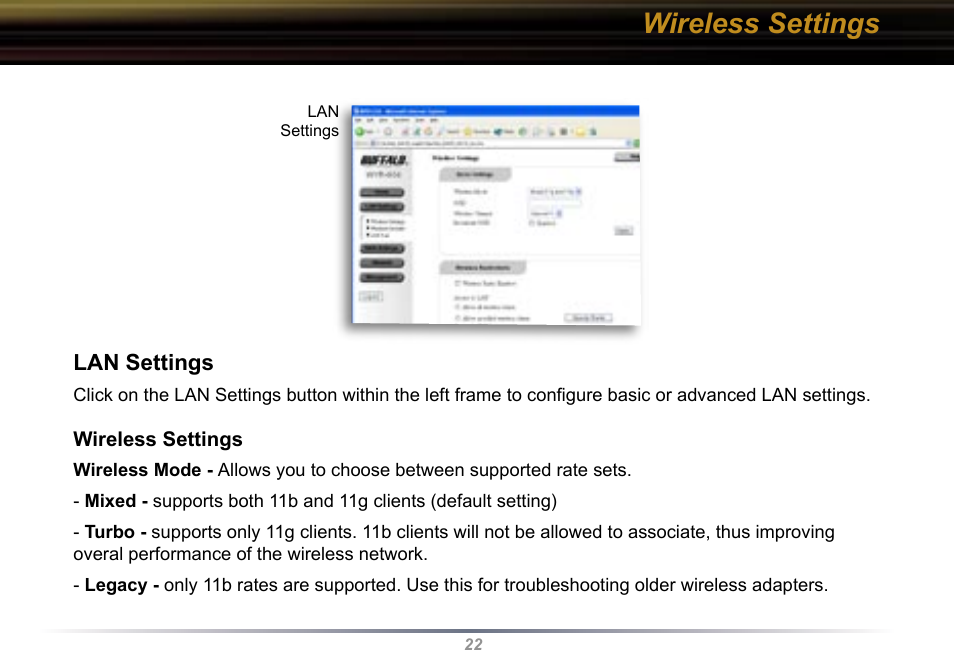 Wireless settings | Buffalo Technology Buffalo AirStation WYR-G54 User Manual | Page 22 / 61