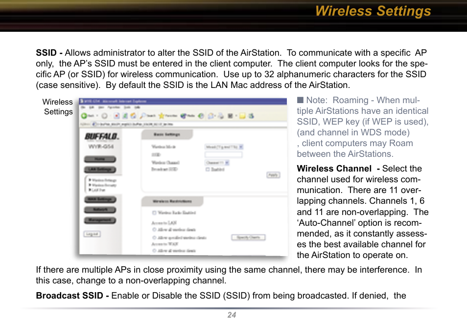 Wireless settings | Buffalo Technology Buffalo AirStation WYR-G54 User Manual | Page 24 / 61