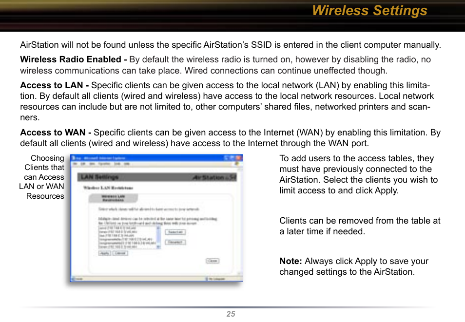 Wireless settings | Buffalo Technology Buffalo AirStation WYR-G54 User Manual | Page 25 / 61