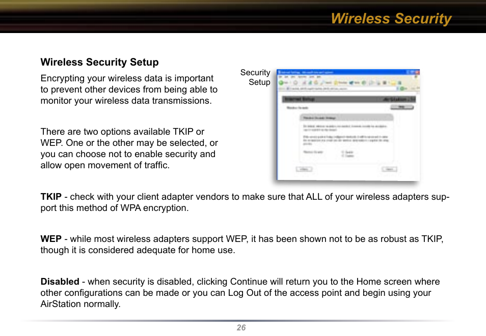Wireless security | Buffalo Technology Buffalo AirStation WYR-G54 User Manual | Page 26 / 61