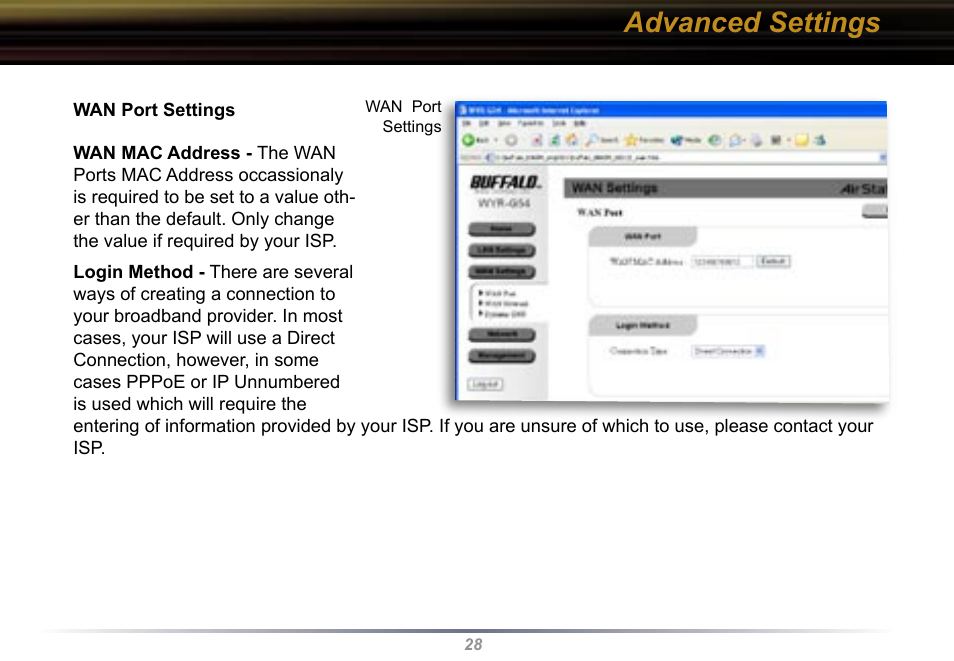 Advanced settings | Buffalo Technology Buffalo AirStation WYR-G54 User Manual | Page 28 / 61