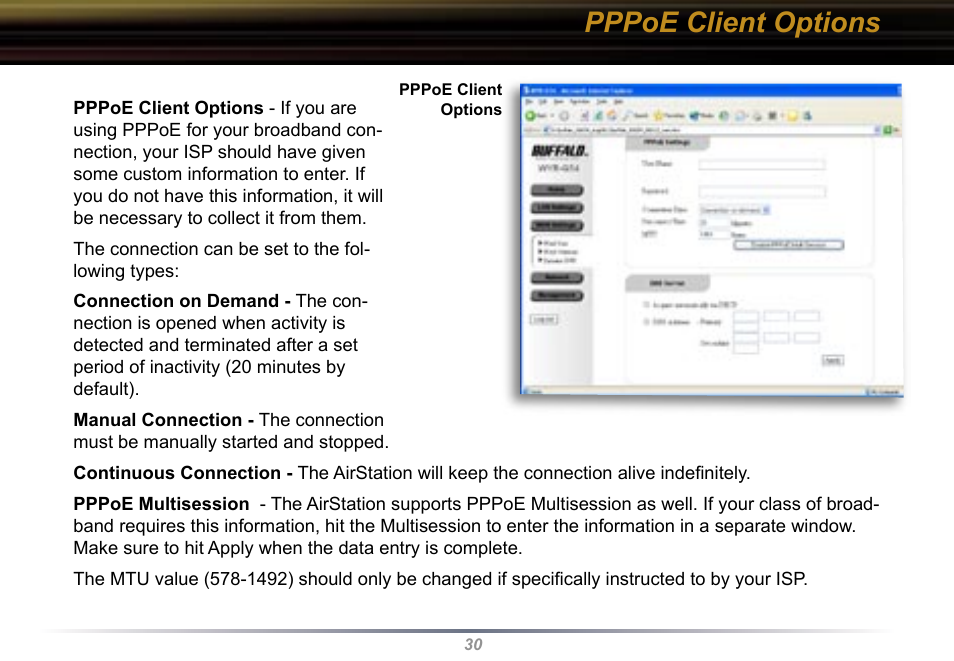 Pppoe client options | Buffalo Technology Buffalo AirStation WYR-G54 User Manual | Page 30 / 61