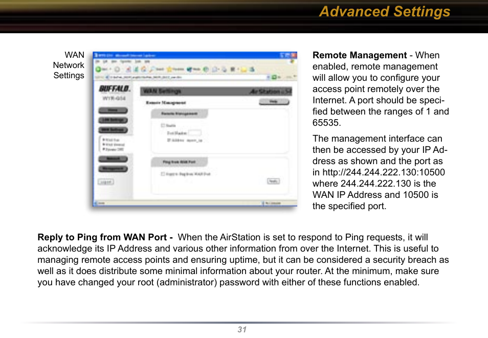 Advanced settings | Buffalo Technology Buffalo AirStation WYR-G54 User Manual | Page 31 / 61