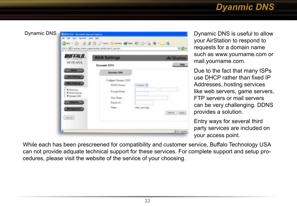 Dyanmic dns | Buffalo Technology Buffalo AirStation WYR-G54 User Manual | Page 32 / 61