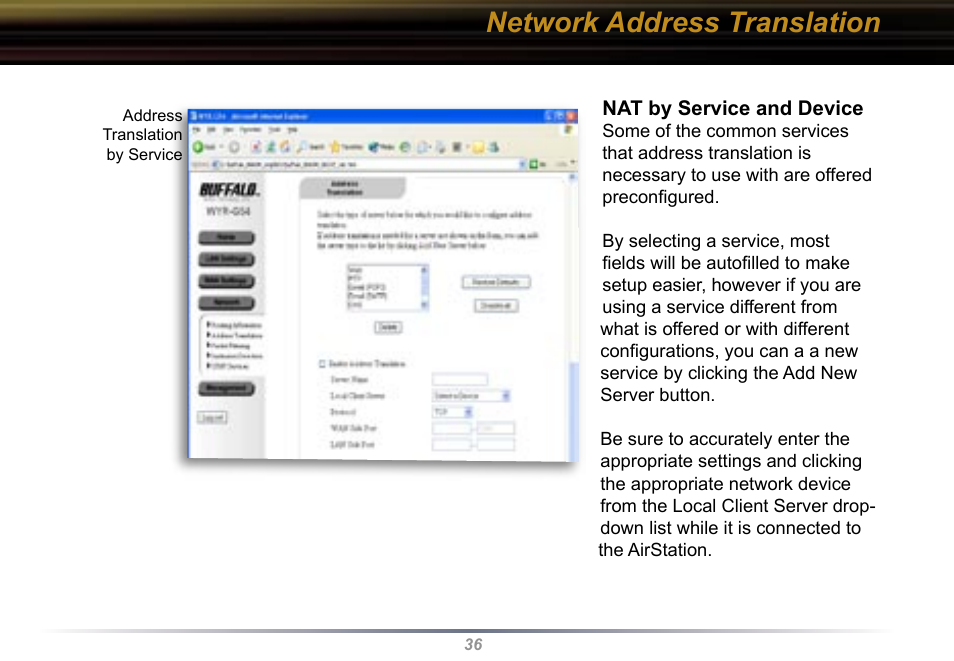Network address translation | Buffalo Technology Buffalo AirStation WYR-G54 User Manual | Page 36 / 61
