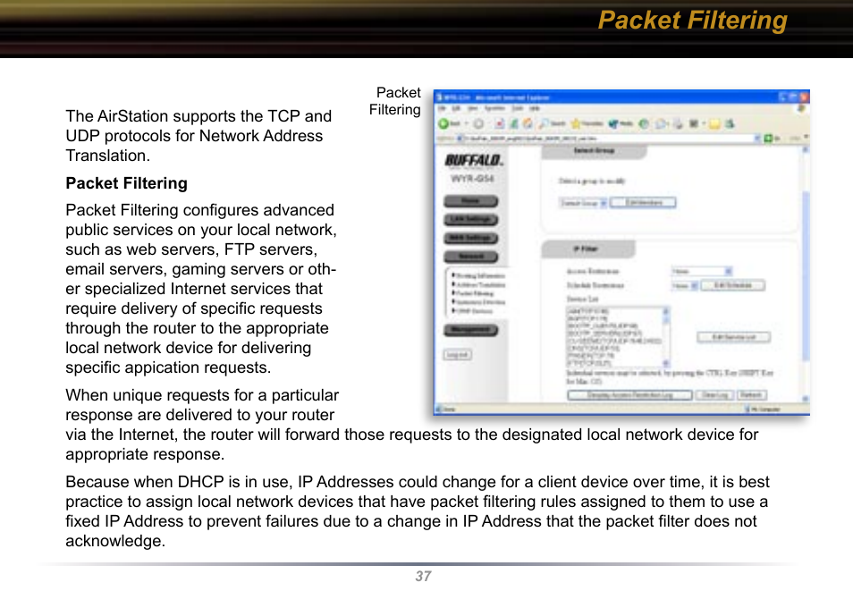 Packet filtering | Buffalo Technology Buffalo AirStation WYR-G54 User Manual | Page 37 / 61