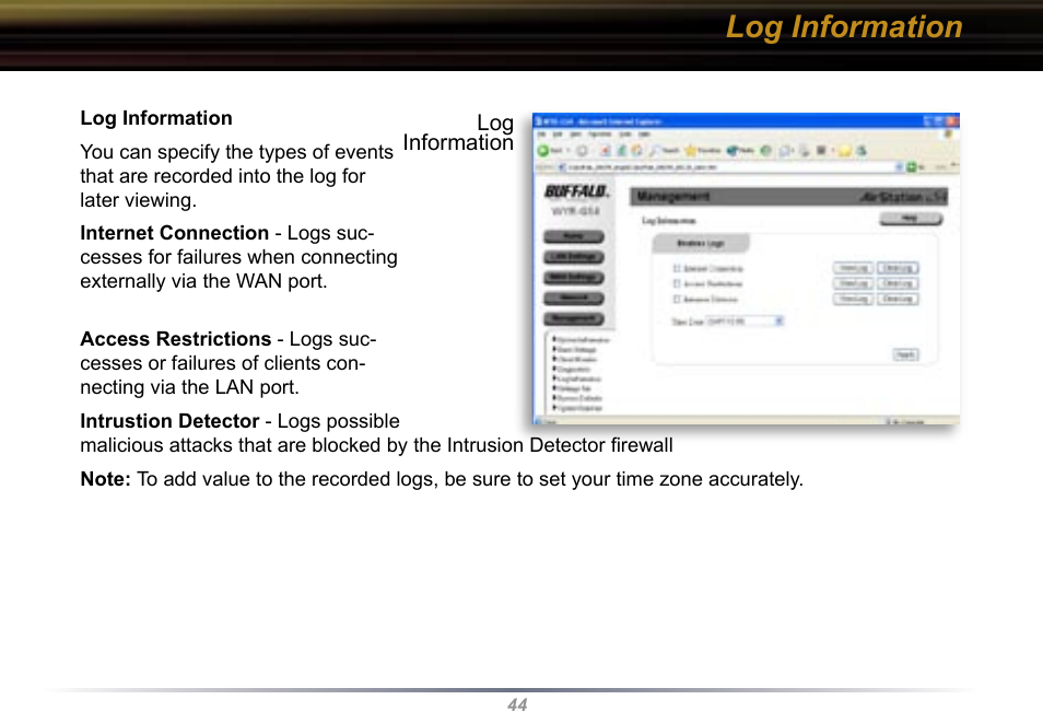 Log information | Buffalo Technology Buffalo AirStation WYR-G54 User Manual | Page 44 / 61