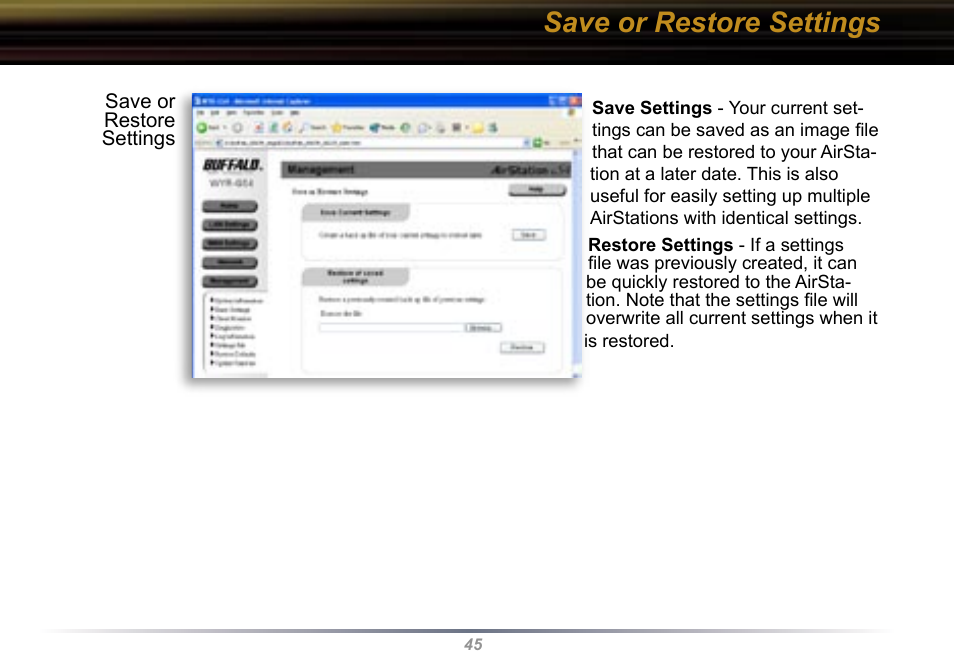 Save or restore settings | Buffalo Technology Buffalo AirStation WYR-G54 User Manual | Page 45 / 61