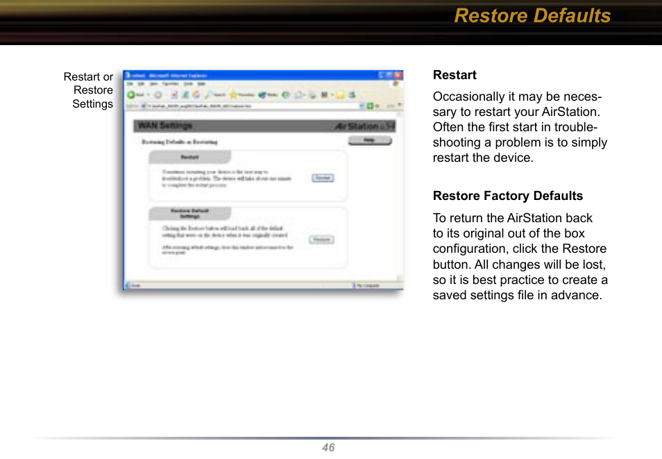 Restore defaults | Buffalo Technology Buffalo AirStation WYR-G54 User Manual | Page 46 / 61