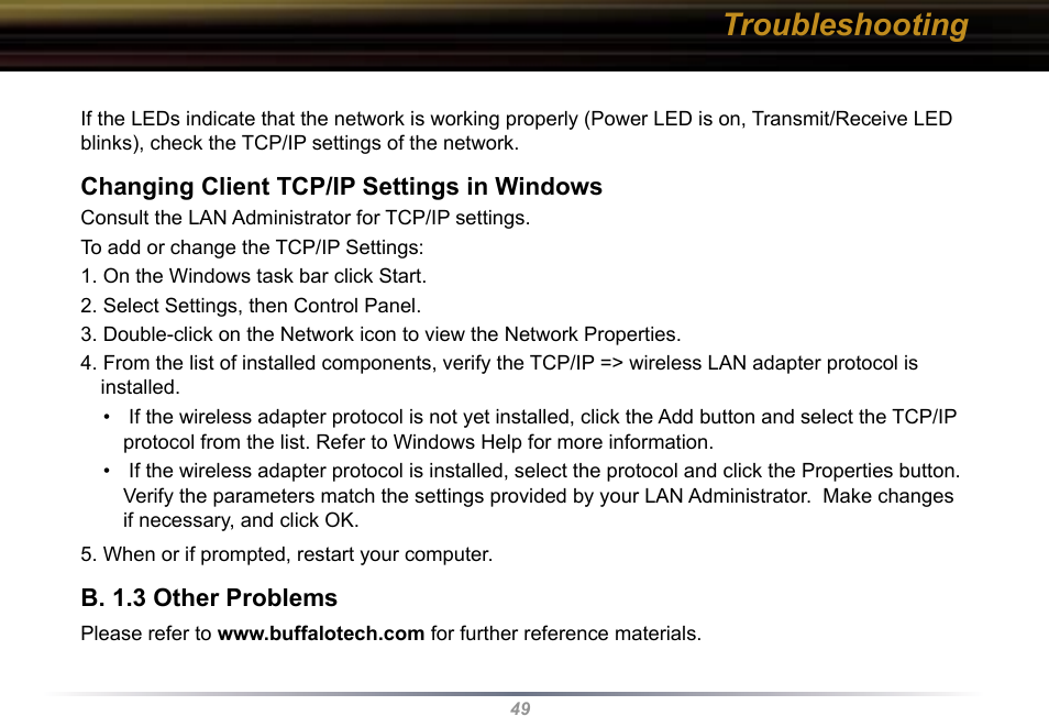 Troubleshooting | Buffalo Technology Buffalo AirStation WYR-G54 User Manual | Page 49 / 61