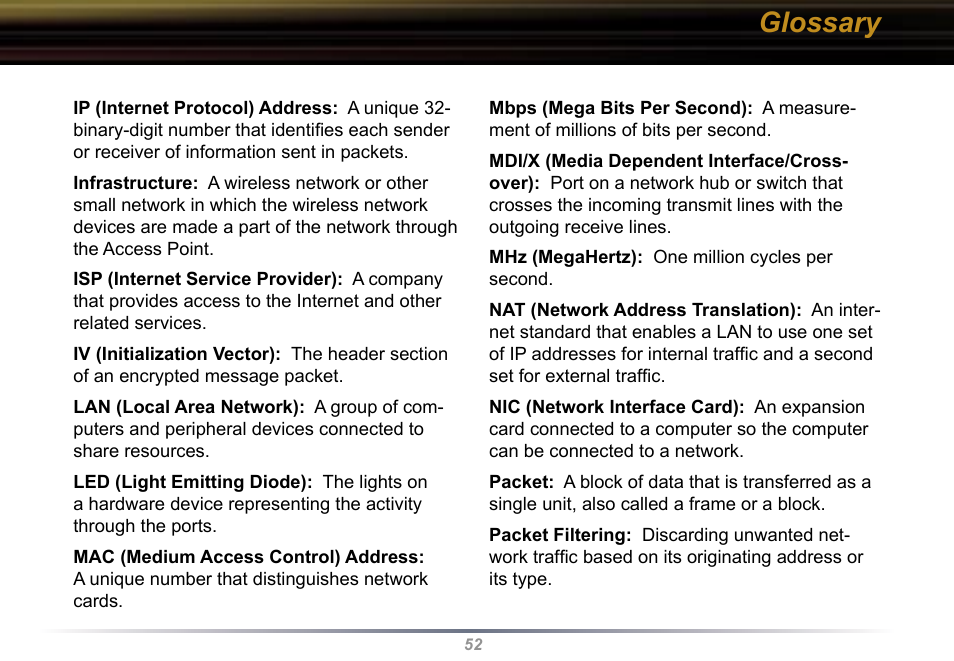 Glossary | Buffalo Technology Buffalo AirStation WYR-G54 User Manual | Page 52 / 61