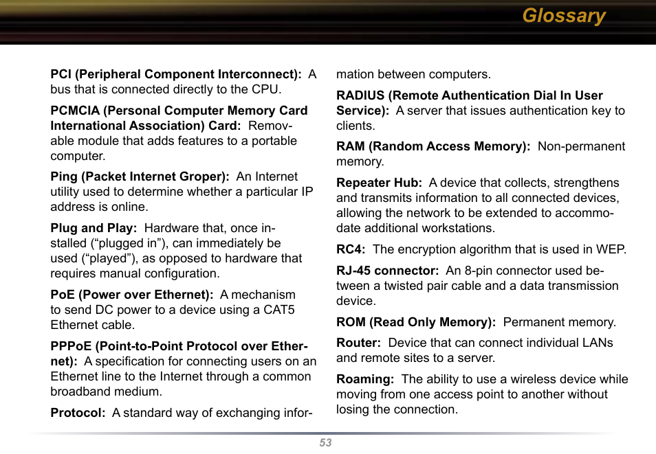 Glossary | Buffalo Technology Buffalo AirStation WYR-G54 User Manual | Page 53 / 61