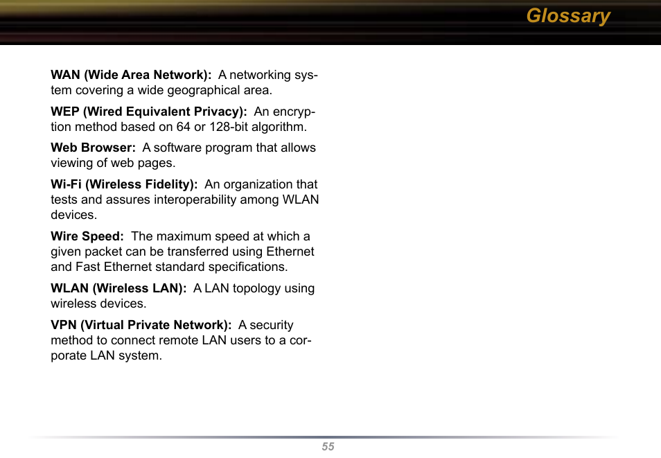 Glossary | Buffalo Technology Buffalo AirStation WYR-G54 User Manual | Page 55 / 61