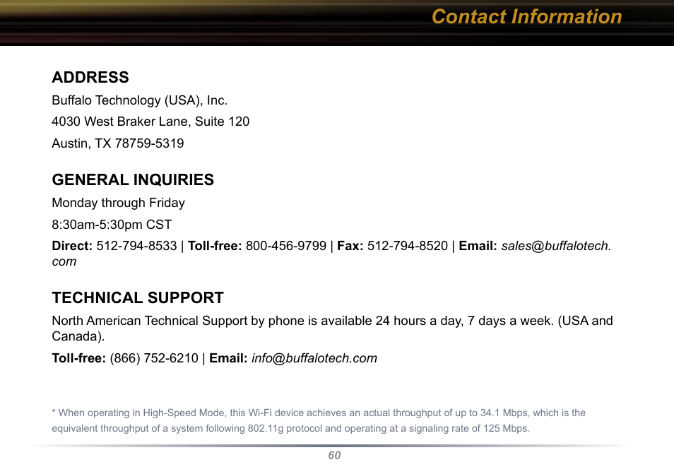 Contact information | Buffalo Technology Buffalo AirStation WYR-G54 User Manual | Page 60 / 61