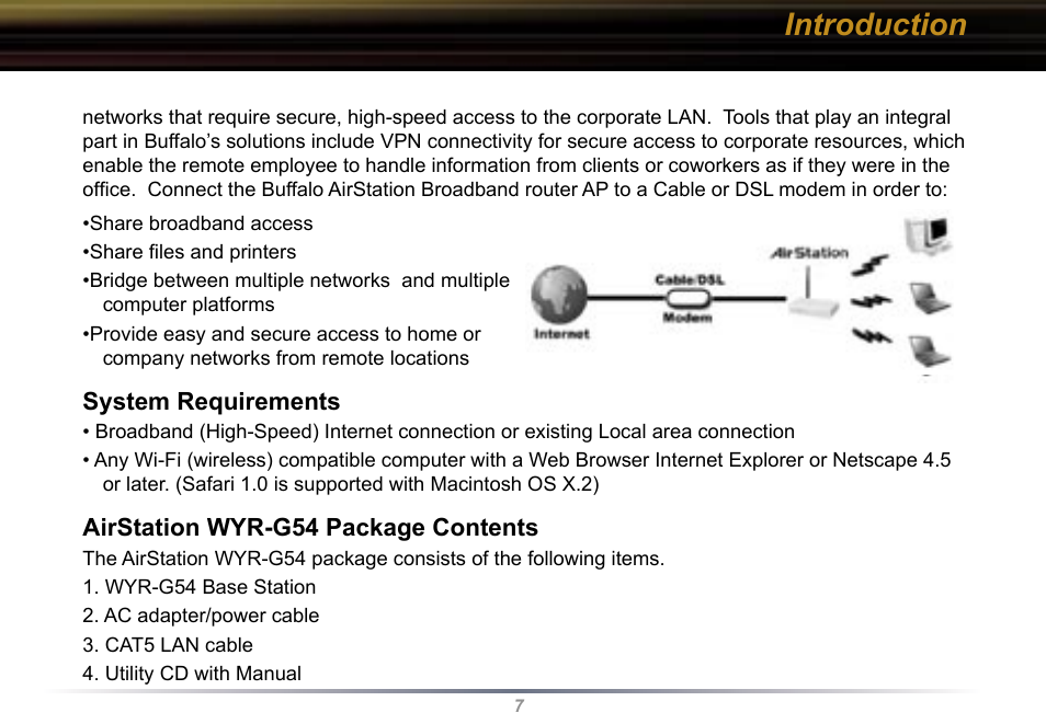 Introduction | Buffalo Technology Buffalo AirStation WYR-G54 User Manual | Page 7 / 61
