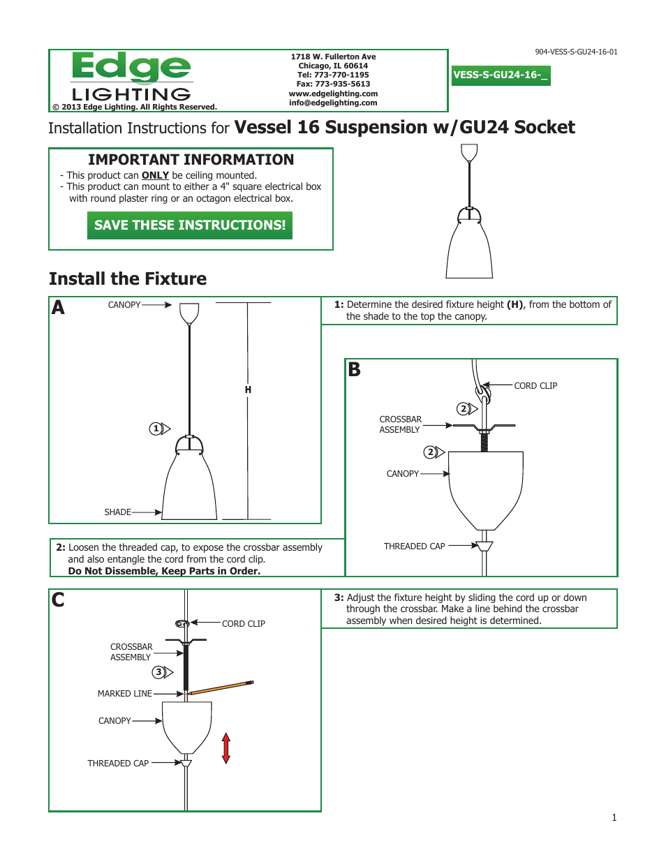 Edge Lighting Vessel 16 - Fluorescent GU24 User Manual | 3 pages