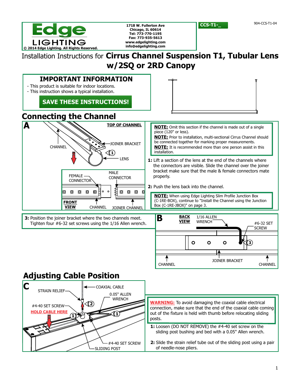 Edge Lighting Cirrus Channel Suspension, Tubular 1" Lens User Manual | 5 pages