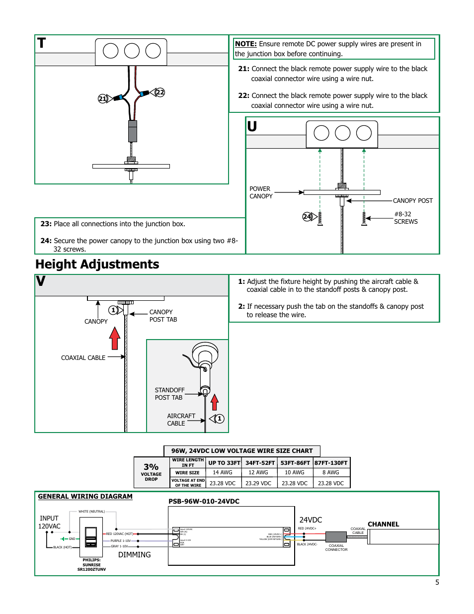 Height adjustments, 24vdc, Dimming | Edge Lighting Cirrus Channel Suspension, Tubular 1" Lens User Manual | Page 5 / 5