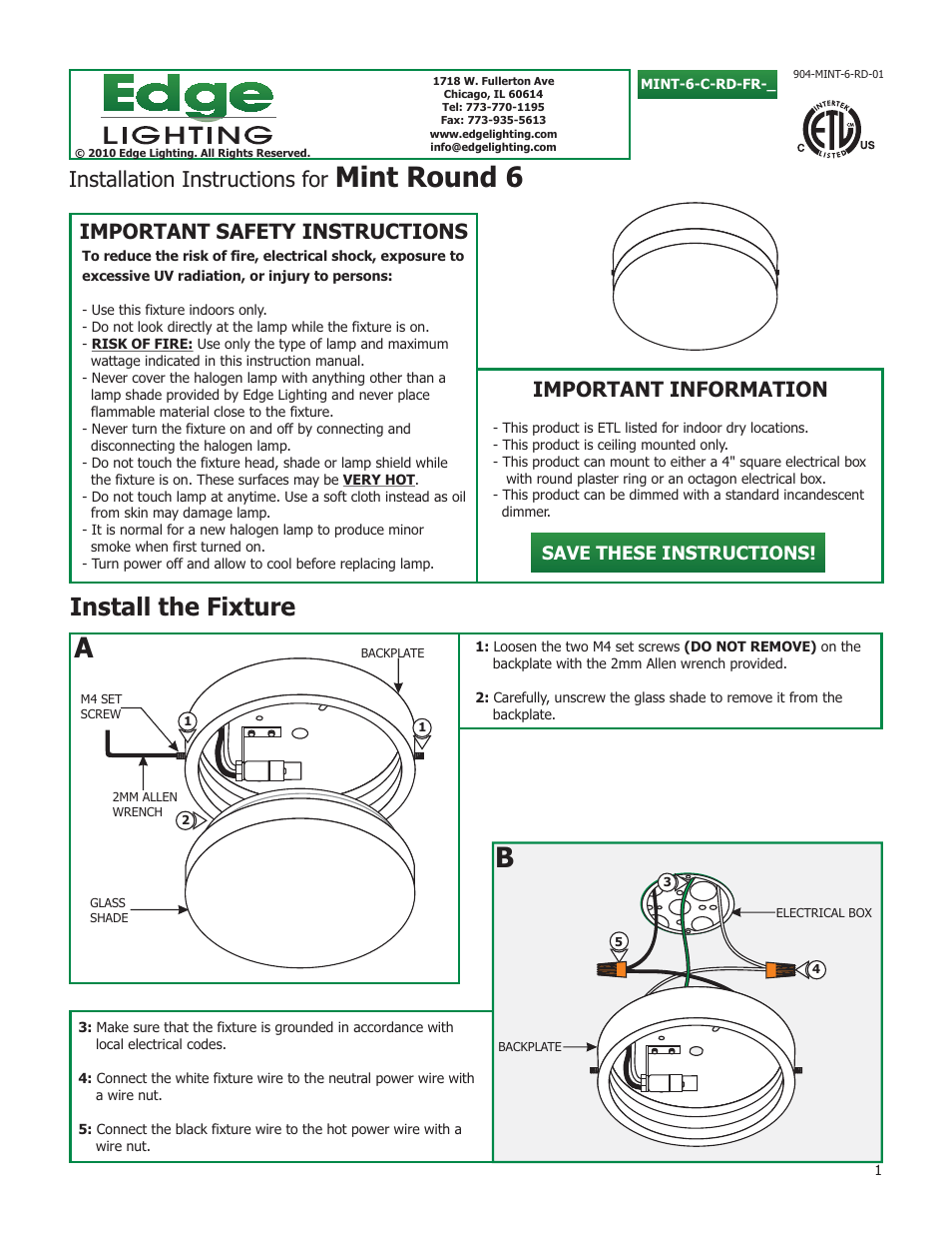 Edge Lighting Mint Round User Manual | 2 pages