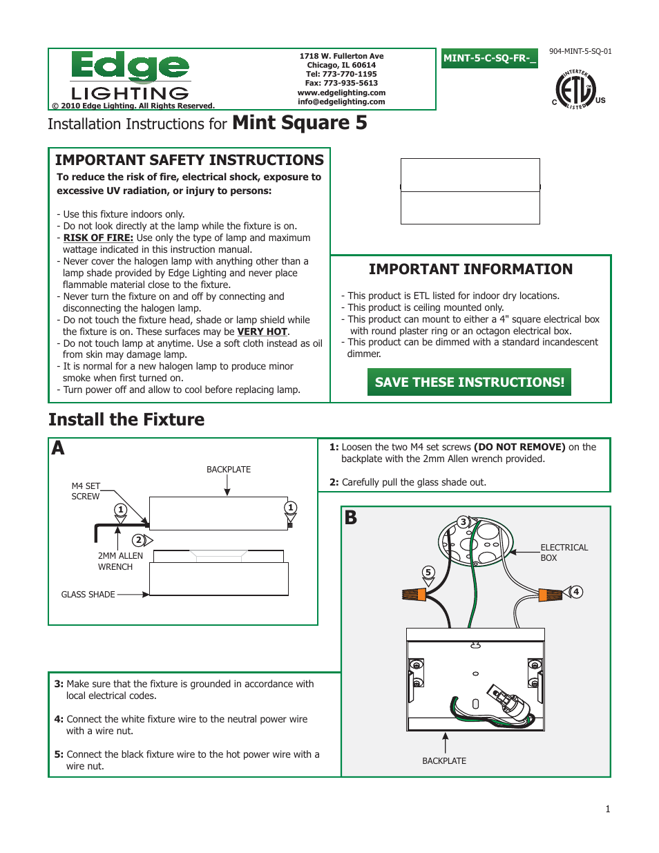 Edge Lighting Mint Square User Manual | 2 pages
