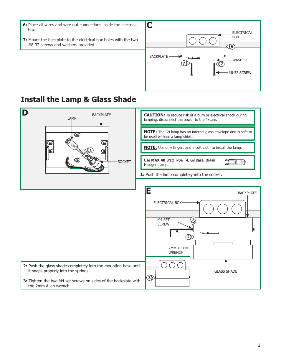 Install the lamp & glass shade | Edge Lighting Mint Square User Manual | Page 2 / 2