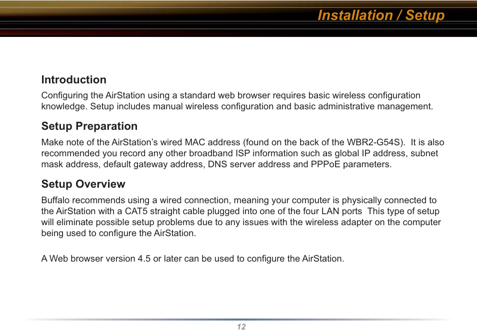 Installation / setup | Buffalo Technology WBR2-G54S User Manual | Page 12 / 95