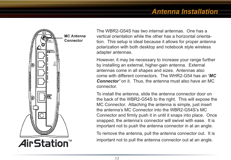 Antenna installation | Buffalo Technology WBR2-G54S User Manual | Page 13 / 95